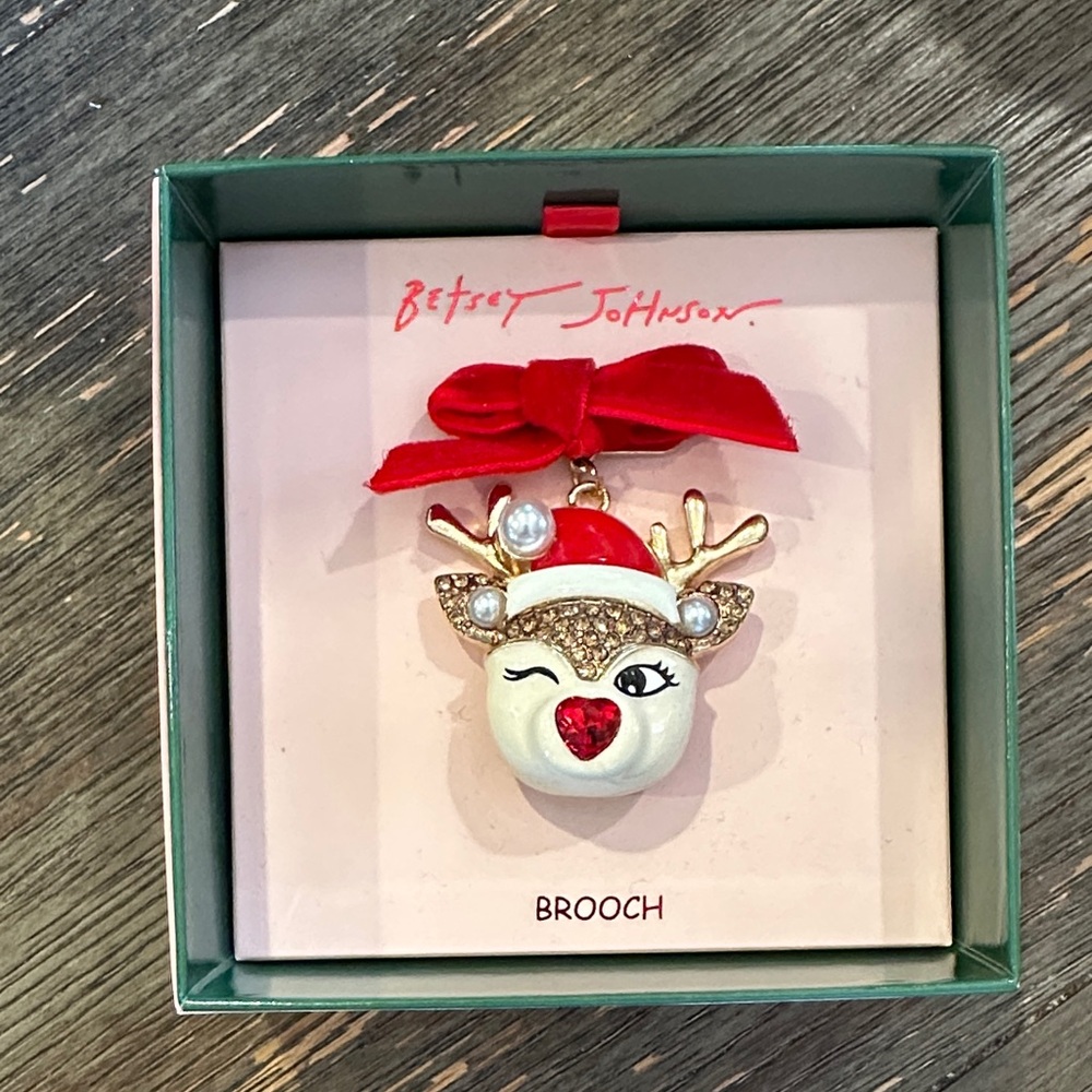 Betsey Johnson Red White and Gold Winking Reindeer Brooch